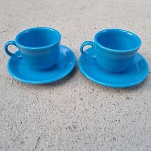 2 HLC Fiesta Flat Cup & Saucer Sets - Turquoise Blue ~ Post-86- 7oz Cups